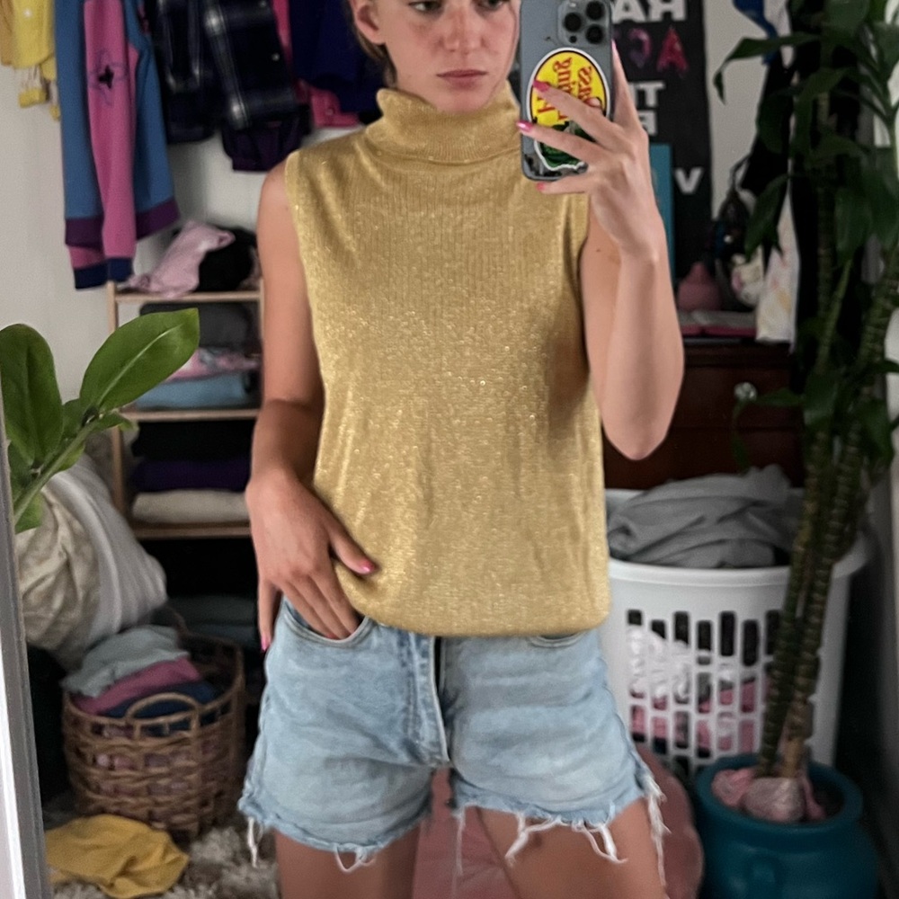 Gold Sleeveless silk Turtleneck Top